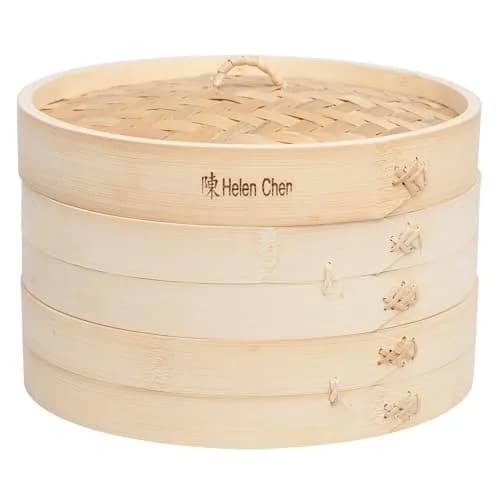 Helen's Asian Kitchen 10-Inch Natural Bamboo Food Steamer Basket with Lid | Traditional 2-Tier Steamer for Dumplings, Dim Sum, Veggies, Fish, Meat thumbnail 1