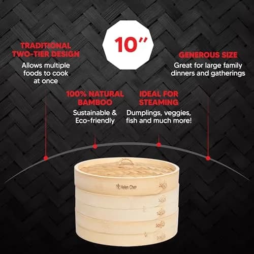 Helen's Asian Kitchen 10-Inch Natural Bamboo Food Steamer Basket with Lid | Traditional 2-Tier Steamer for Dumplings, Dim Sum, Veggies, Fish, Meat thumbnail 4
