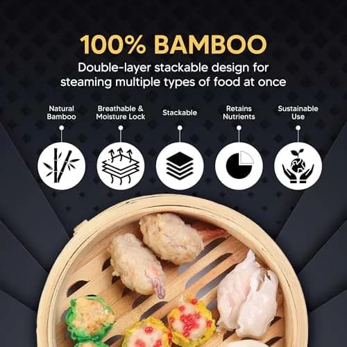 Helen's Asian Kitchen 10-Inch Natural Bamboo Food Steamer Basket with Lid | Traditional 2-Tier Steamer for Dumplings, Dim Sum, Veggies, Fish, Meat thumbnail 2