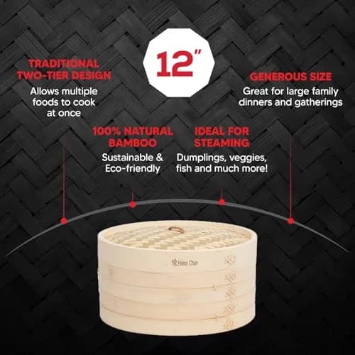 Helen's Asian Kitchen 12-Inch Bamboo Food Steamer with Lid | Natural Bamboo Steamer Basket for Dumplings, Dim Sum, Veggies, Fish, Meat thumbnail 3