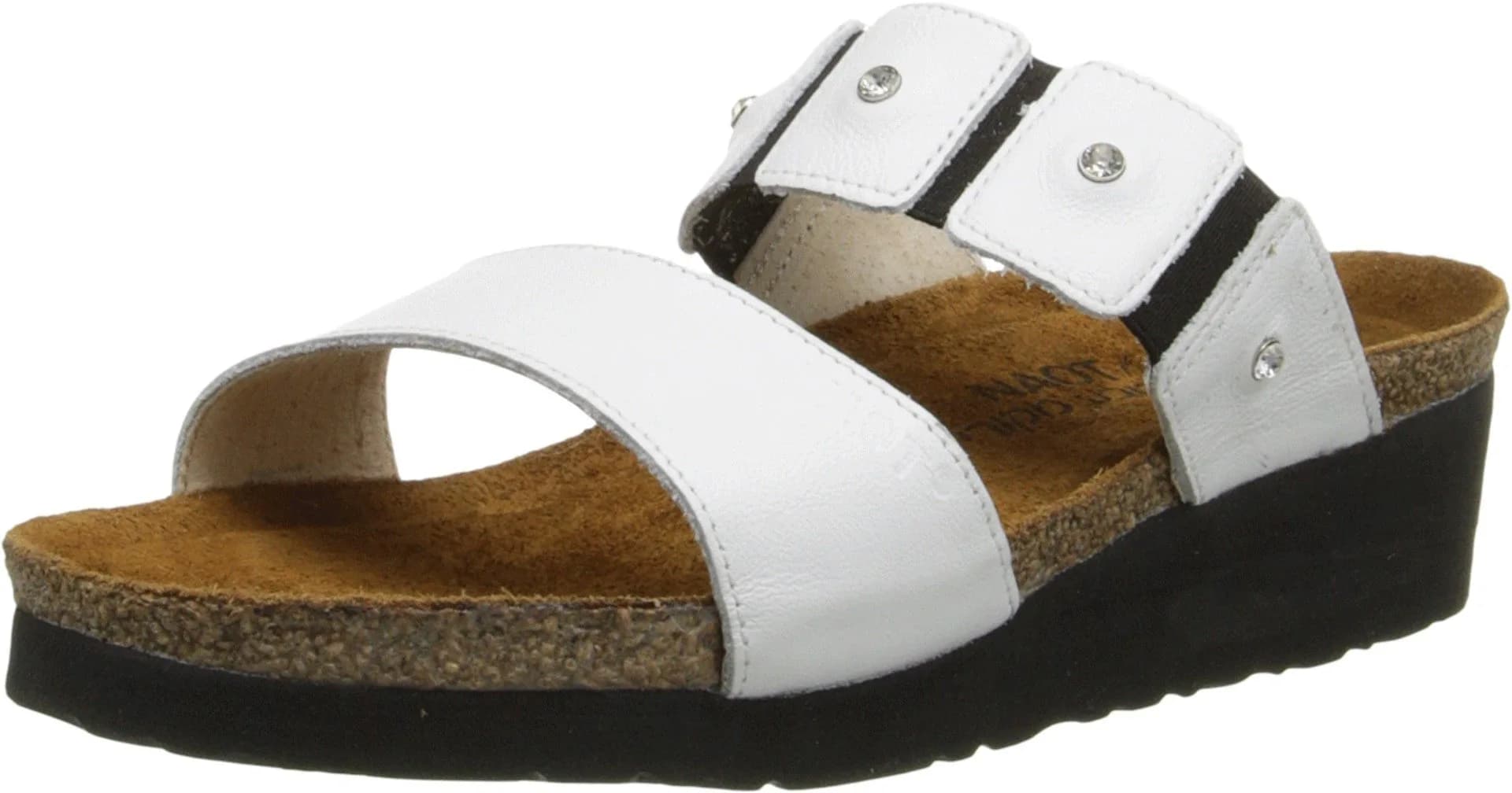 NAOT Ashley Wedge Sandal, White Leather, 40 EU/8.5-9 M US | Feminine slip-on with rhinestone accents