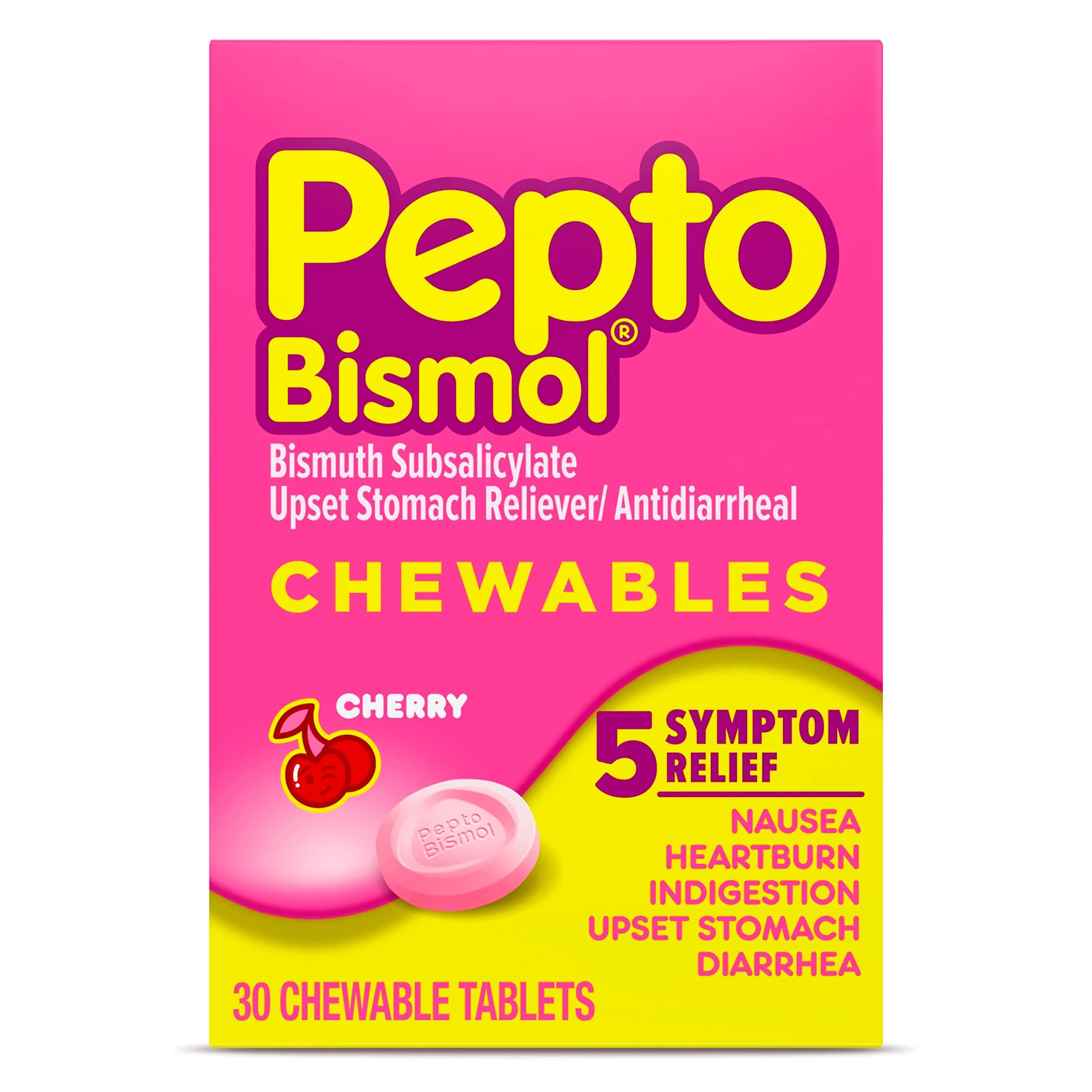 Pepto Bismol Cherry Chewable Tablets 30 ct | 5 Symptom Relief for Adults