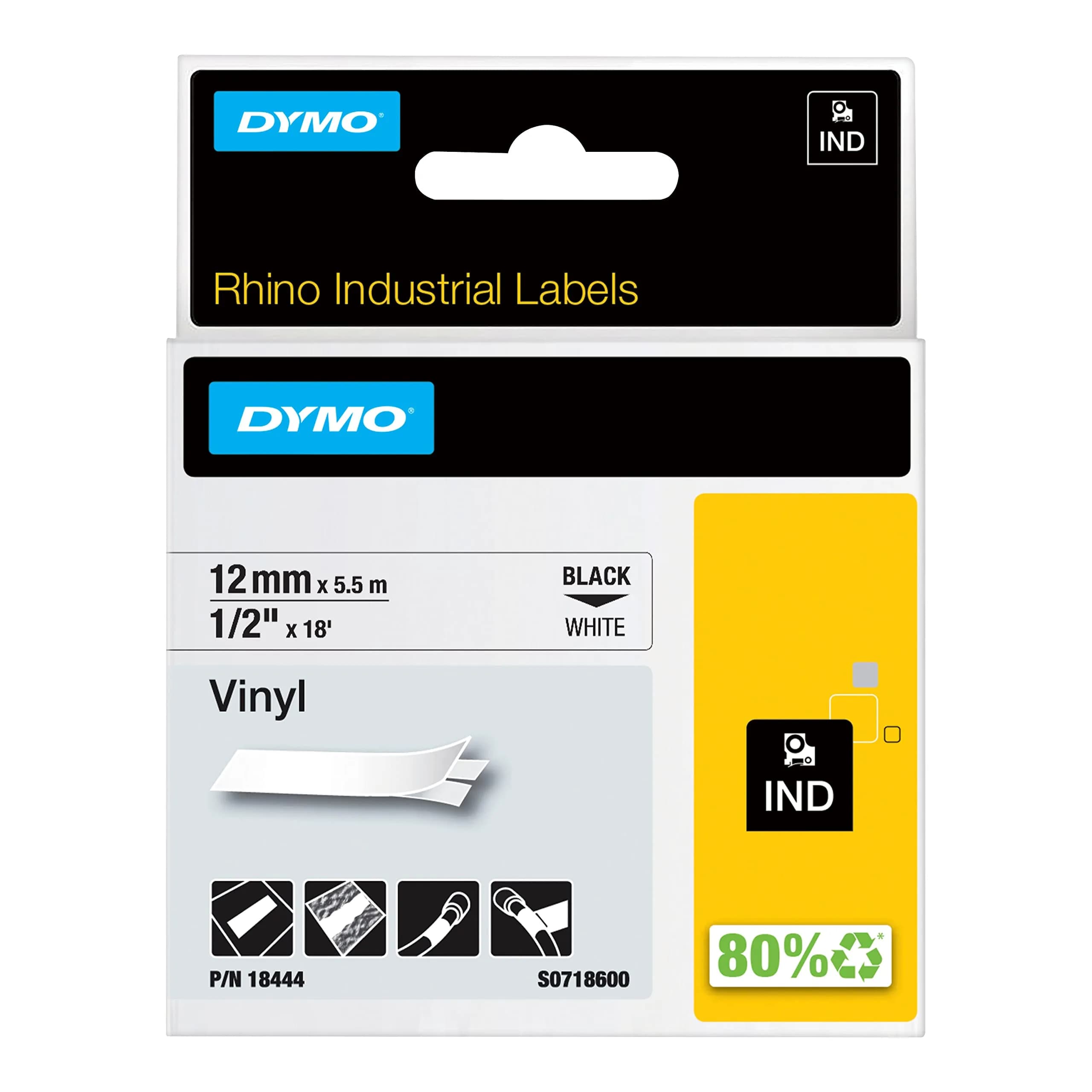 DYMO Rhino Industrial Vinyl Labels 1/2" Black Print on White Tape | Weatherproof & Chemical-Resistant