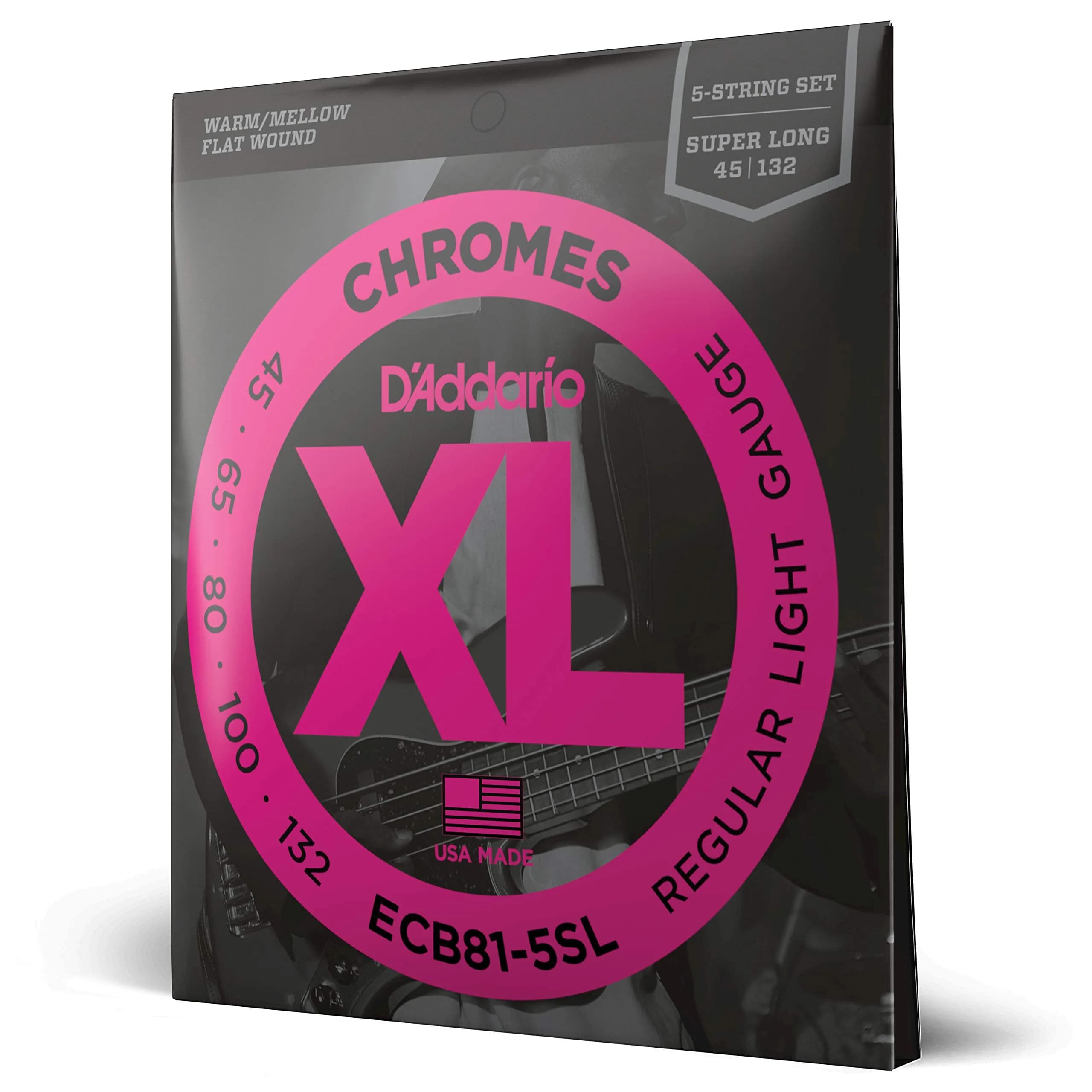 D'Addario XL Chromes Flatwound Bass Strings ECB81-5SL Regular Light 45-132 5-String | Warm Mellow Tone, Ultra-Smooth Feel