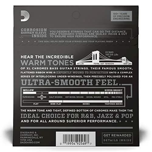 D'Addario XL Chromes Flatwound Bass Strings ECB80, Super Light 40-95 | Smooth Mellow Tone, Consistent Durability thumbnail 2