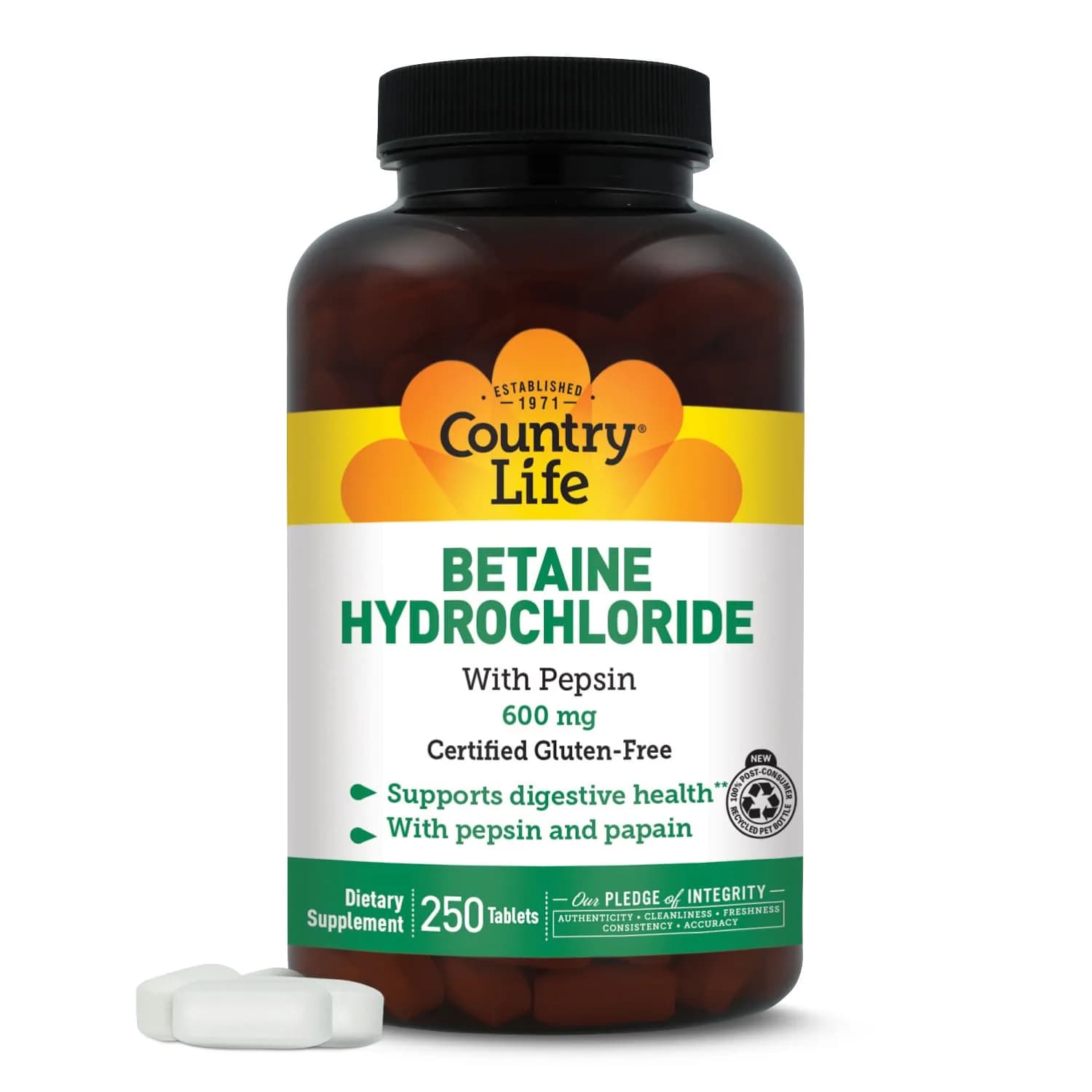 Country Life Betaine Hydrochloride with Pepsin 600 mg 250 Tablets | Supports Digestive Health - main product image