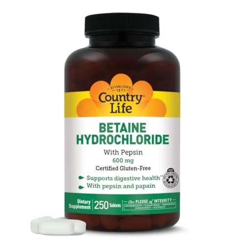 Country Life Betaine Hydrochloride with Pepsin 600 mg 250 Tablets | Supports Digestive Health thumbnail 1