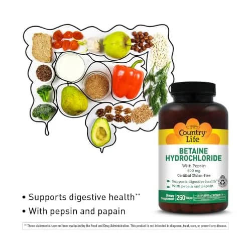 Country Life Betaine Hydrochloride with Pepsin 600 mg 250 Tablets | Supports Digestive Health thumbnail 3