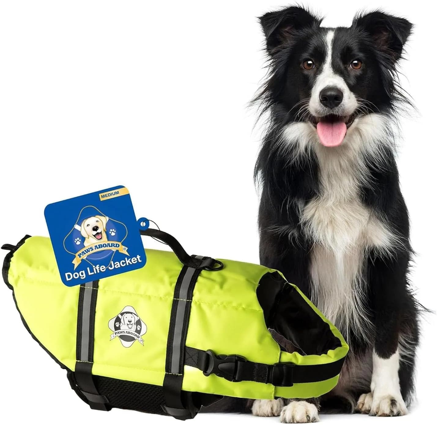 Paws Aboard Reflective Dog Life Jacket with Handle (Neon Yellow, Medium) | Buoyant, Breathable & Adjustable for Water Safety