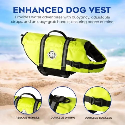 Paws Aboard Reflective Dog Life Jacket with Handle (Neon Yellow, Medium) | Buoyant, Breathable & Adjustable for Water Safety thumbnail 3