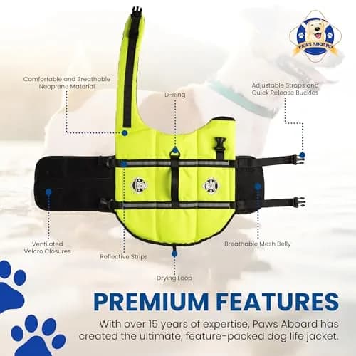 Paws Aboard Reflective Dog Life Jacket with Handle (Neon Yellow, Medium) | Buoyant, Breathable & Adjustable for Water Safety thumbnail 4