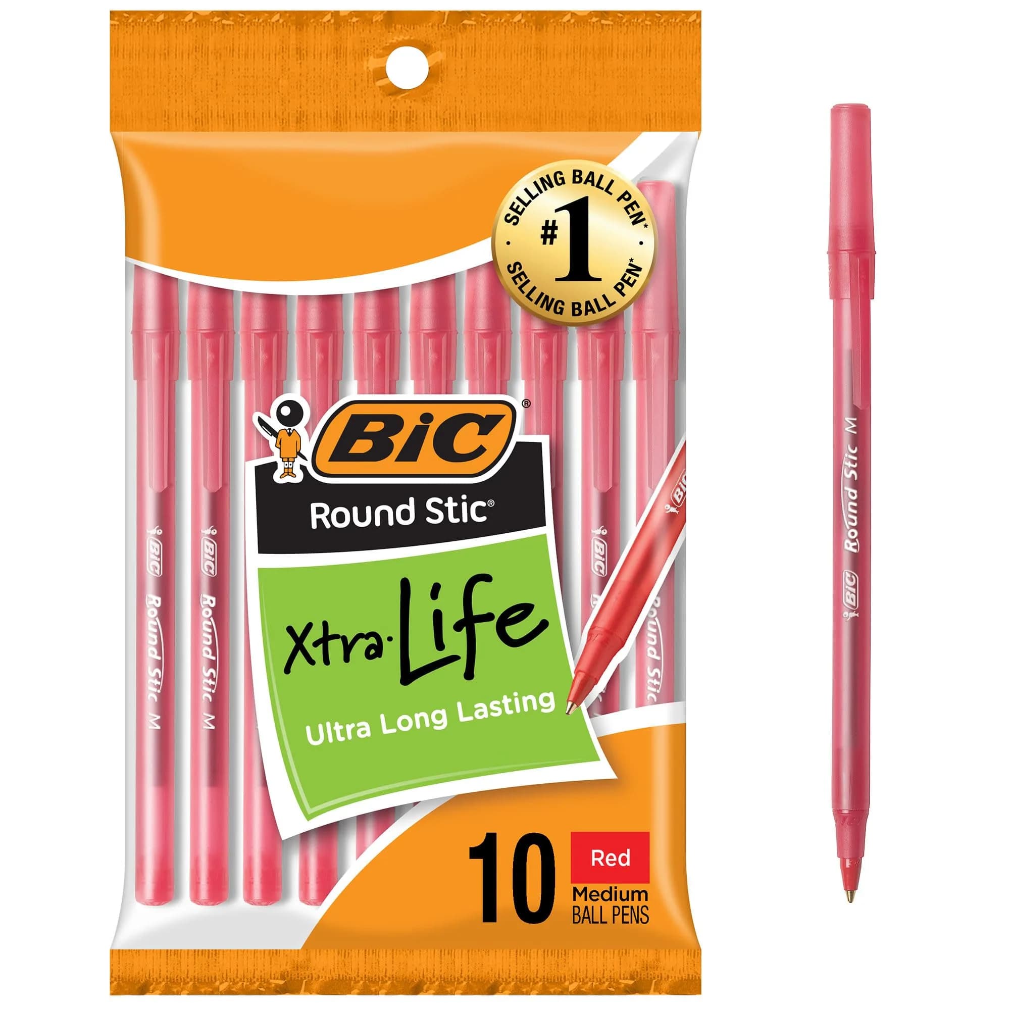 BIC Round Stic Xtra Life Red Ballpoint Pens, Medium Point (1.0mm), 10-Count Pack | Smooth Writing Comfort - main product image