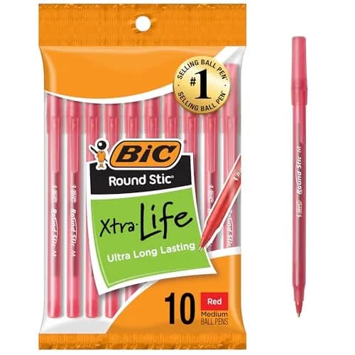 BIC Round Stic Xtra Life Red Ballpoint Pens, Medium Point (1.0mm), 10-Count Pack | Smooth Writing Comfort thumbnail 1