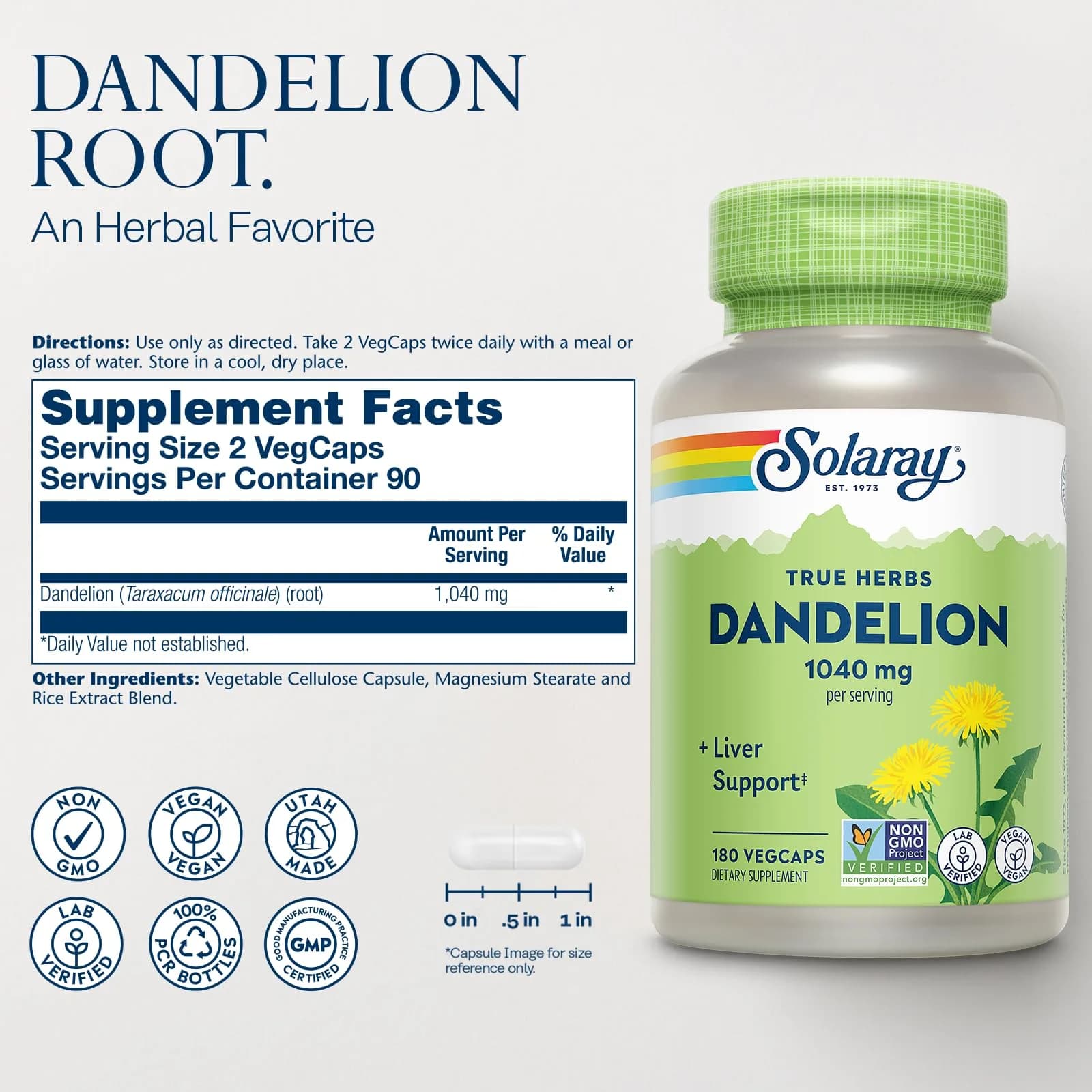 Solaray Dandelion Root 1040 mg (180 Count) | Liver, Kidney & Digestion Support | Non-GMO, Vegan - view 2