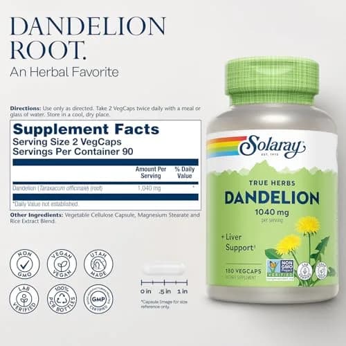Solaray Dandelion Root 1040 mg (180 Count) | Liver, Kidney & Digestion Support | Non-GMO, Vegan thumbnail 2