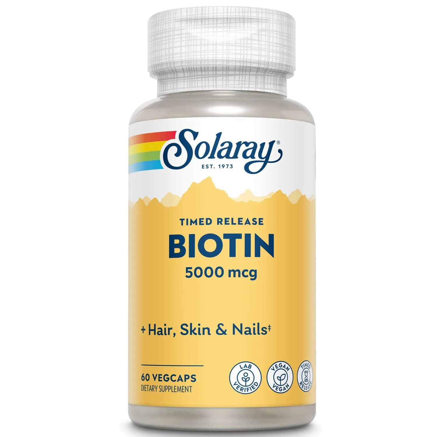 Solaray Timed-Release Biotin 5000 mcg | Vegan Capsules for Hair, Skin & Nails (70-120c) — No Color