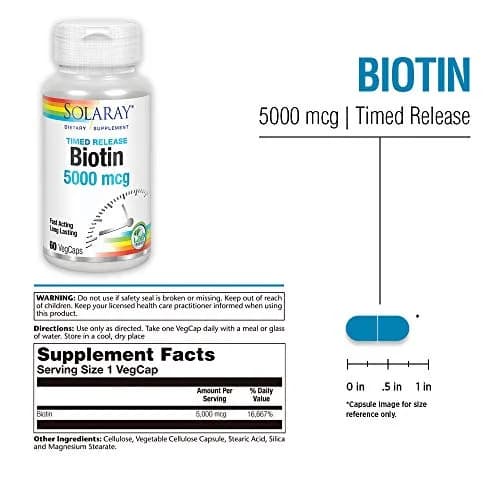 Solaray Timed-Release Biotin 5000 mcg | Vegan Capsules for Hair, Skin & Nails (70-120c) thumbnail 2