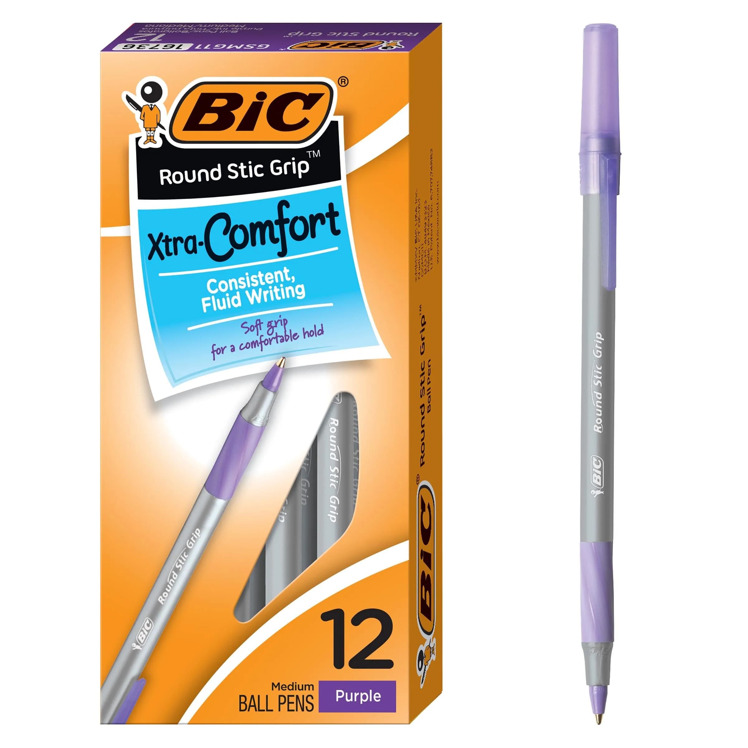 BIC Round Stic Grip Xtra Comfort Ballpoint Pen, Purple Ink, 12-Count | Smooth Ink Flow for Daily Writing - main product image