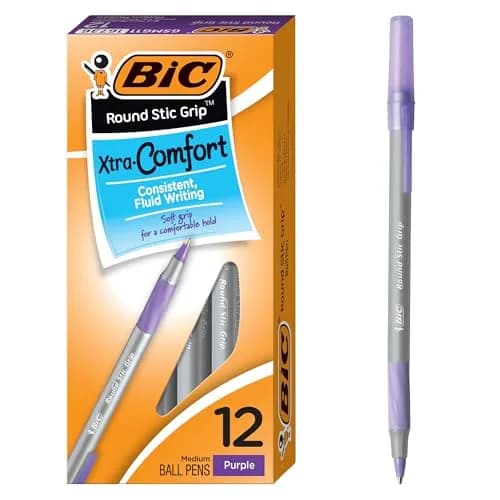 BIC Round Stic Grip Xtra Comfort Ballpoint Pen, Purple Ink, 12-Count | Smooth Ink Flow for Daily Writing thumbnail 1