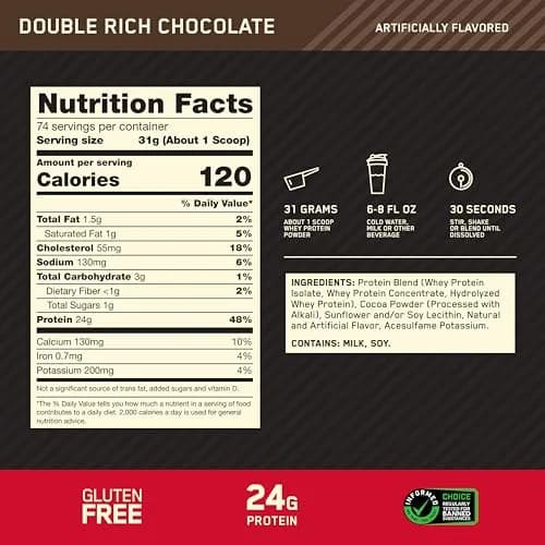 Optimum Nutrition Gold Standard 100% Whey Protein Powder Double Rich Chocolate 2.27 kg (5 Pound) | High Protein for Muscle Recovery thumbnail 3