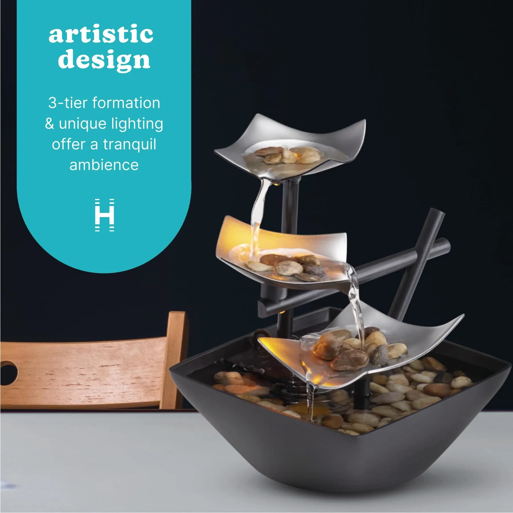 Homedics Silver Springs Relaxation Fountain 20.7 cm (8.25” Tall) | Zen Feel with Natural River Rocks - view 3
