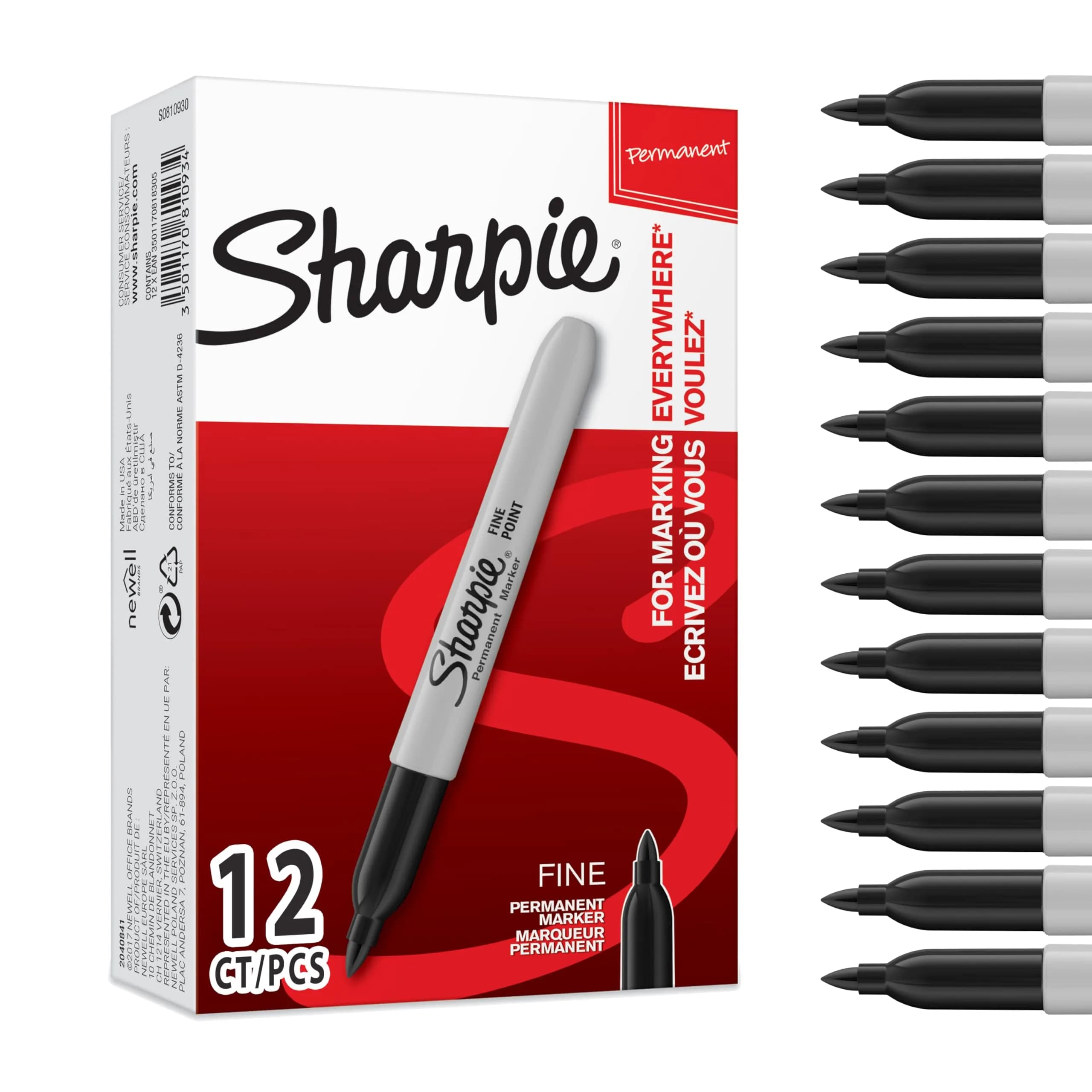 Sharpie Permanent Markers, Fine Point, Black, 12 Count | Fade & Water Resistant - main product image
