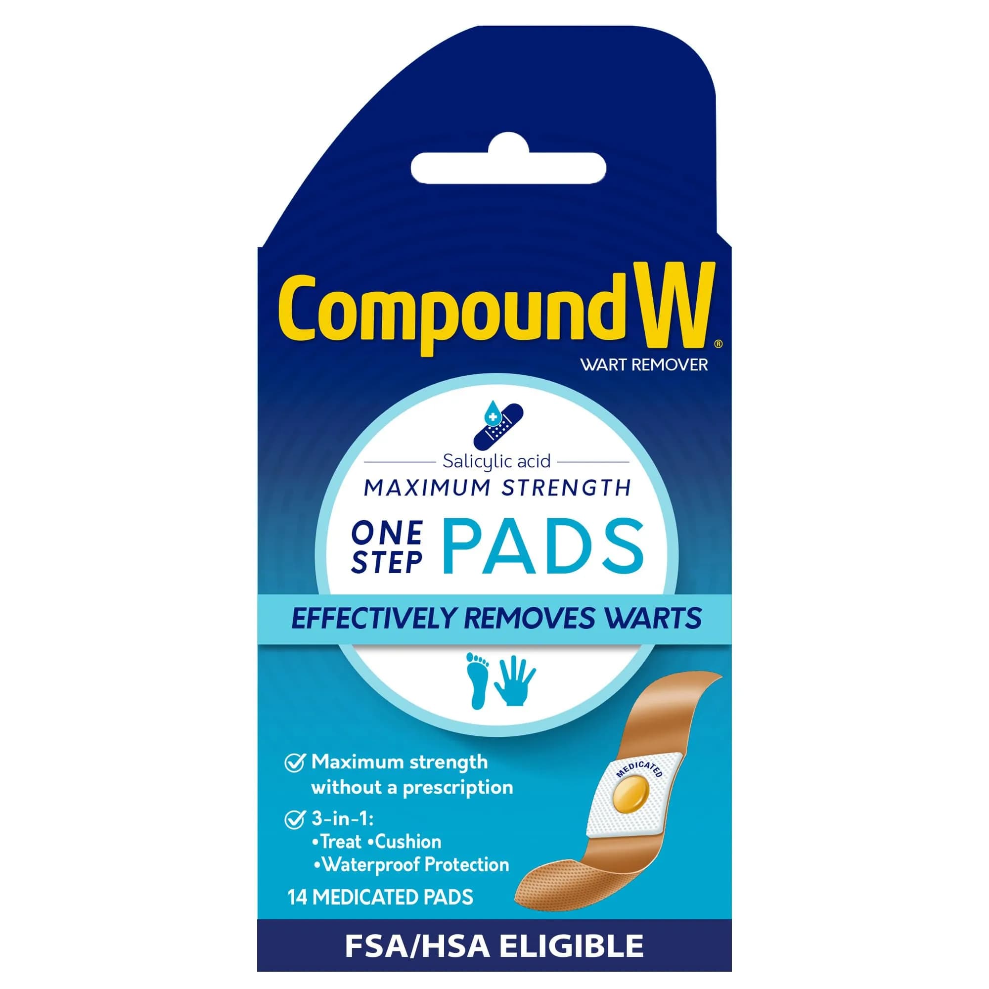 Compound W Wart Remover Maximum Strength One Step Pads with Salicylic Acid, 14 Medicated Pads | Salicylic Acid Wart Removal Medication - main product image