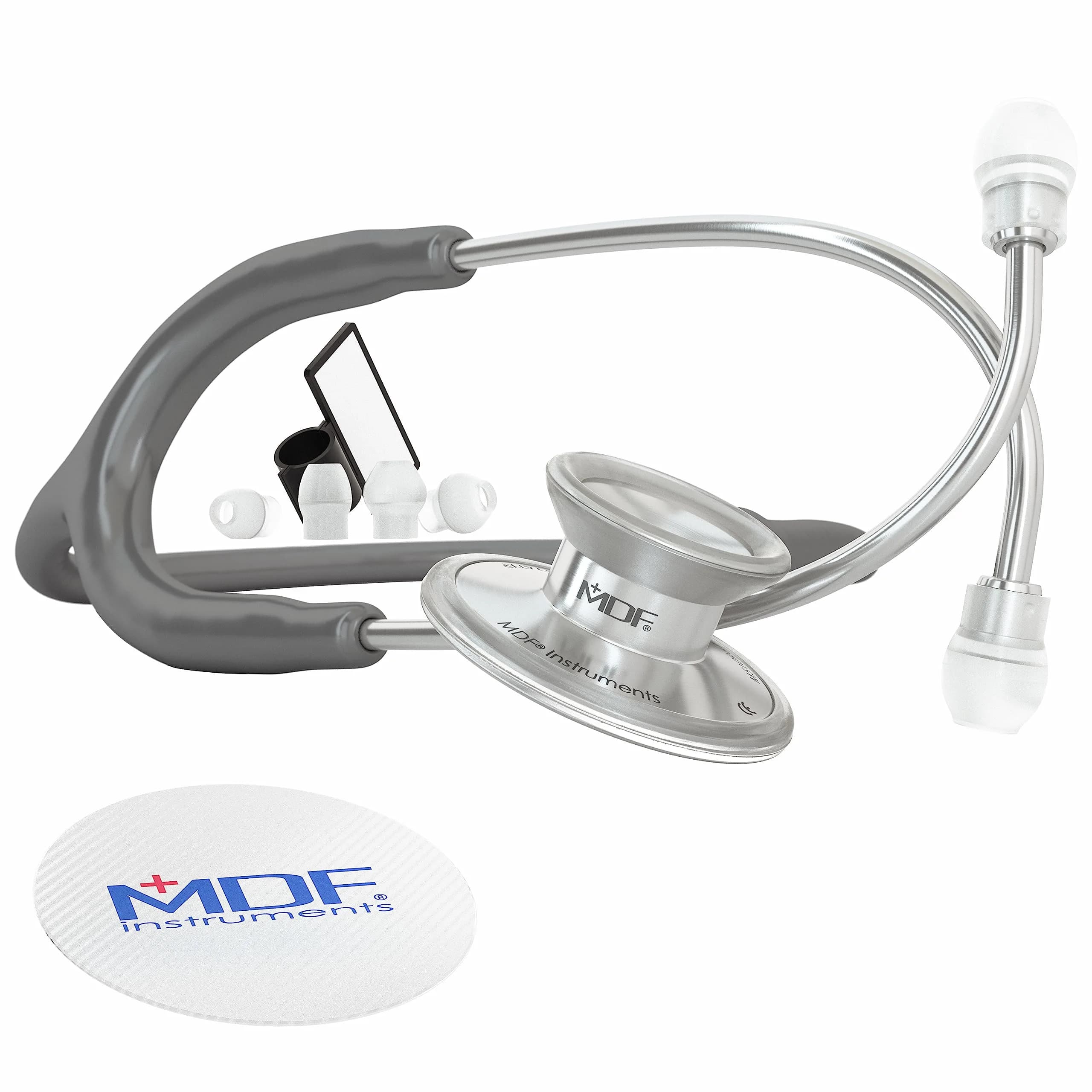 MDF Instruments Acoustica Lightweight Stethoscope | Dual Head, Burgundy Tube, Silver Chestpiece, 2.27 kg (5 lb) — Silver - Grey