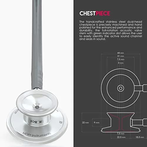 MDF Instruments Acoustica Lightweight Stethoscope | 79.25 cm (31.2 inches) Dual Head, Grey Tube, Silver Chestpiece thumbnail 4