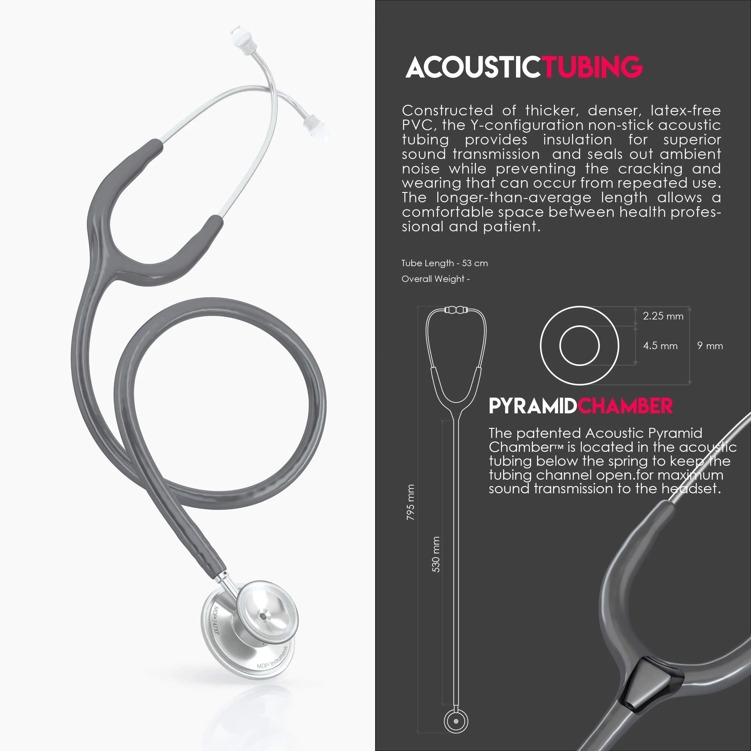 MDF Instruments Acoustica Lightweight Stethoscope | 79.25 cm (31.2 inches) Dual Head, Grey Tube, Silver Chestpiece - view 6