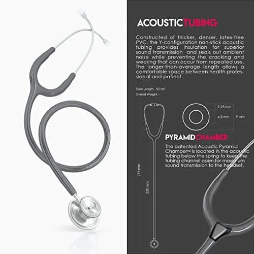 MDF Instruments Acoustica Lightweight Stethoscope | 79.25 cm (31.2 inches) Dual Head, Grey Tube, Silver Chestpiece thumbnail 6