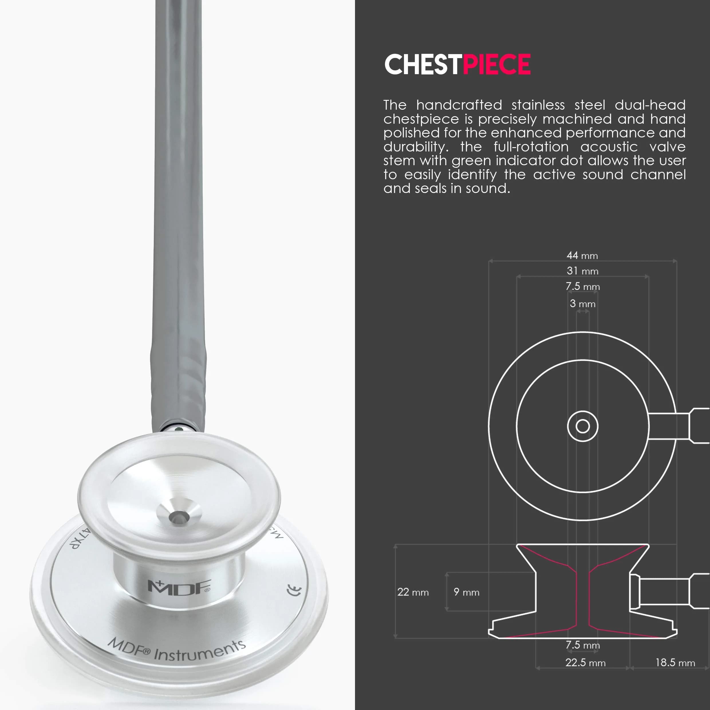 MDF Instruments Acoustica Lightweight Stethoscope | 79.25 cm (31.2 inches) Dual Head, Grey Tube, Silver Chestpiece - view 4