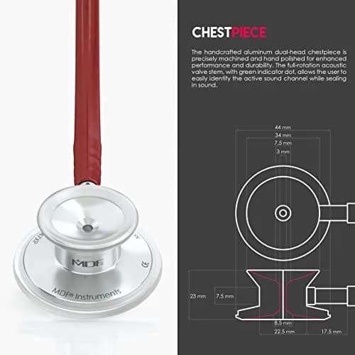 MDF Instruments Acoustica Lightweight Stethoscope | Dual Head, Burgundy Tube, Silver Chestpiece, 2.27 kg (5 lb) thumbnail 4