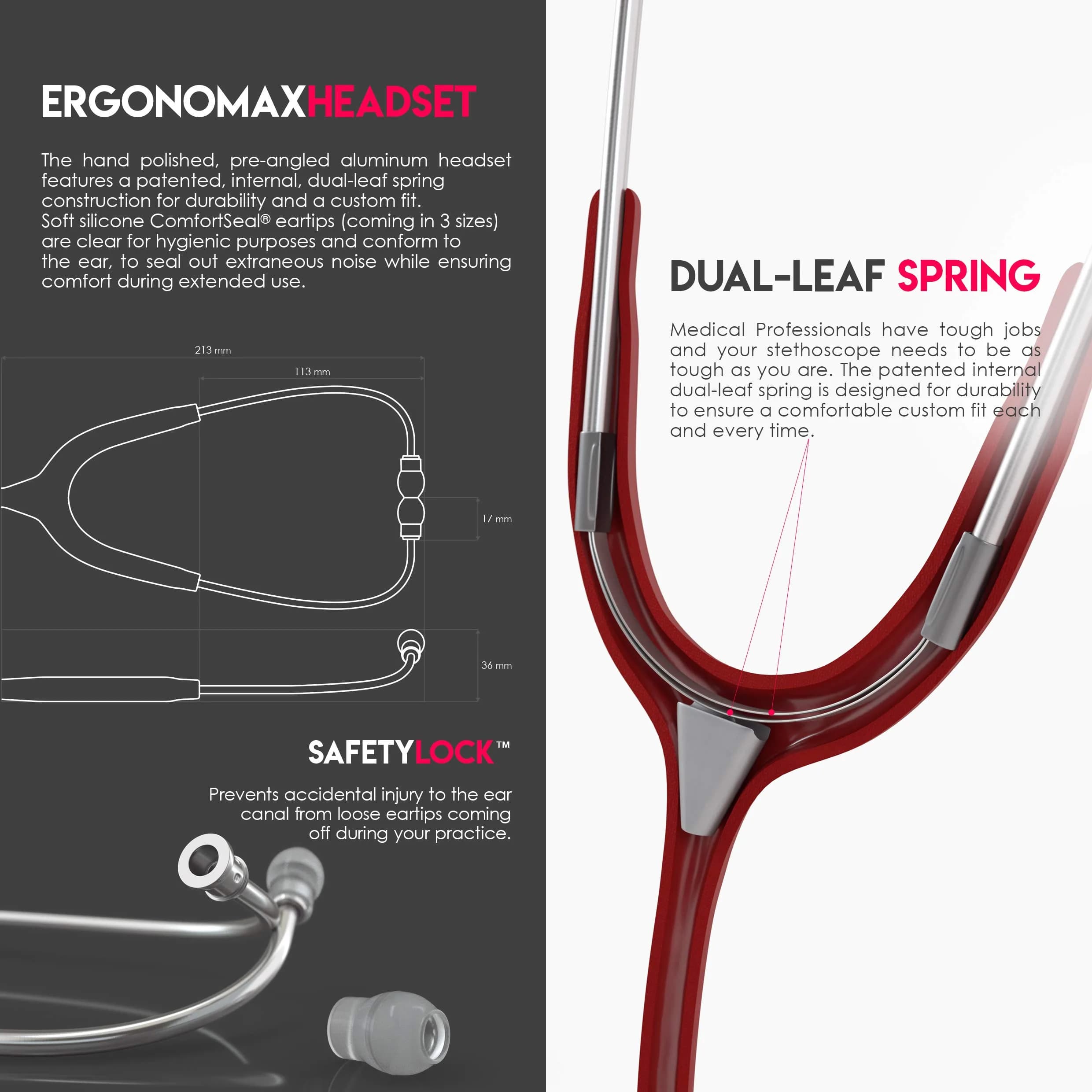 MDF Instruments Acoustica Lightweight Stethoscope | Dual Head, Burgundy Tube, Silver Chestpiece, 2.27 kg (5 lb) - view 5