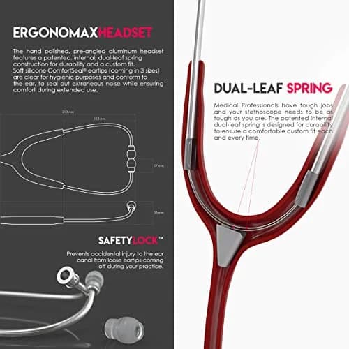 MDF Instruments Acoustica Lightweight Stethoscope | Dual Head, Burgundy Tube, Silver Chestpiece, 2.27 kg (5 lb) thumbnail 5