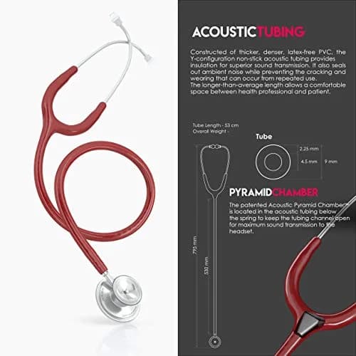 MDF Instruments Acoustica Lightweight Stethoscope | Dual Head, Burgundy Tube, Silver Chestpiece, 2.27 kg (5 lb) thumbnail 6