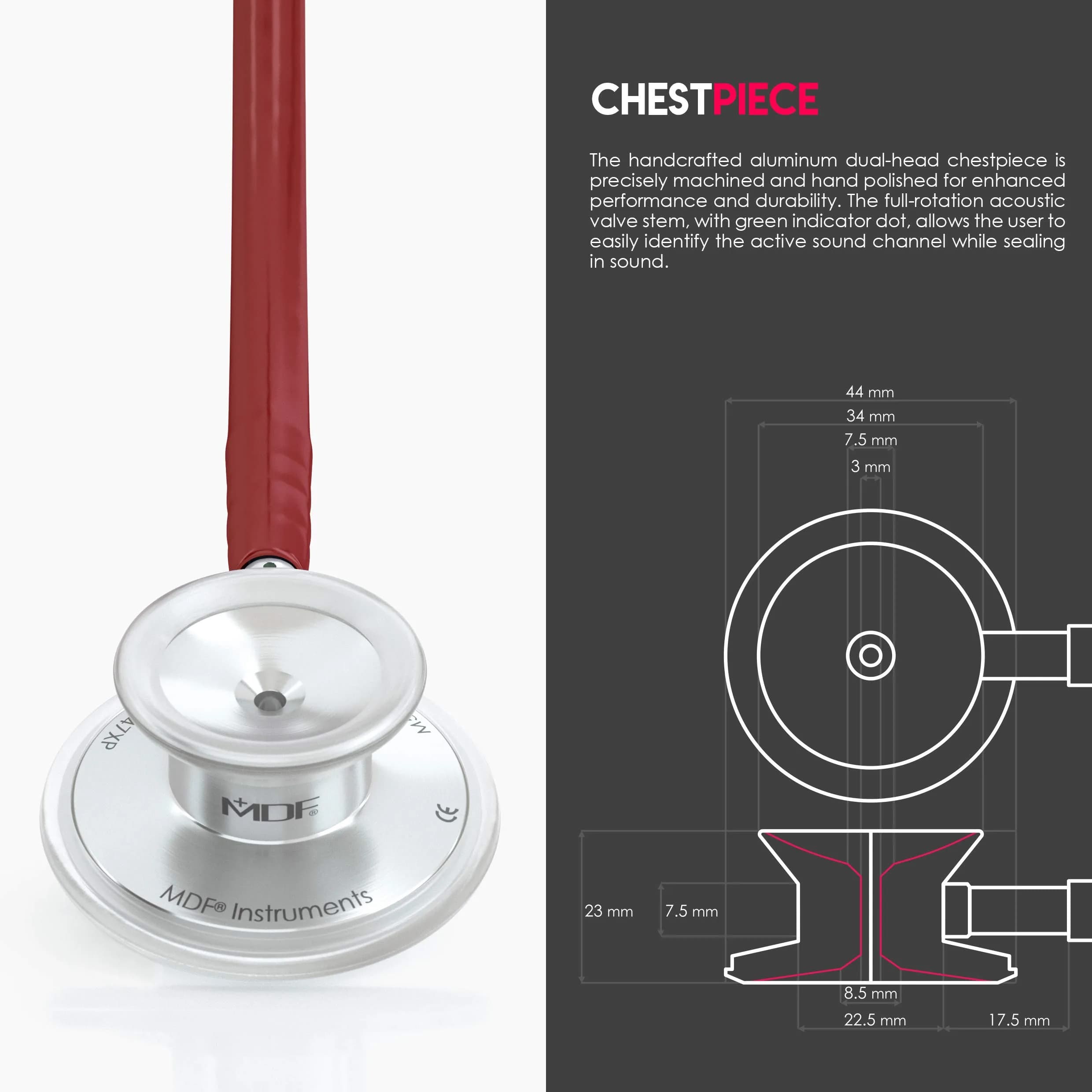 MDF Instruments Acoustica Lightweight Stethoscope | Dual Head, Burgundy Tube, Silver Chestpiece, 2.27 kg (5 lb) - view 4
