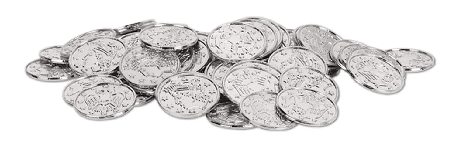 Beistle Silver Plastic Coins 100 Pack | 1.5 Inch Liberty & Eagle Design for Themed Decor