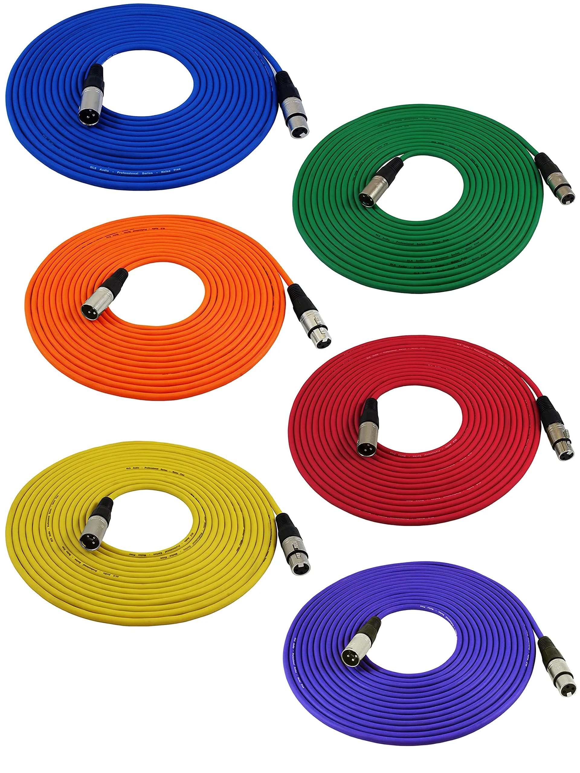 GLS Audio Mic Cable Patch Cord 25 ft | 6 Pack Male to Female XLR for Studio & Stage — Multicolored
