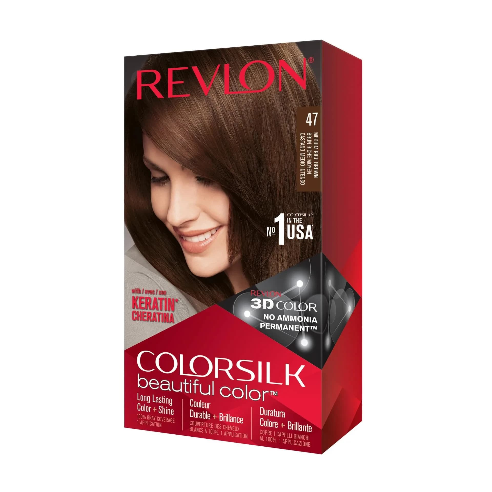 Revlon Colorsilk Permanent Hair Color 47 Medium Rich Brown | Ammonia-Free, Keratin & Silk Amino Acids, 125ml (4.4 Oz) - main product image