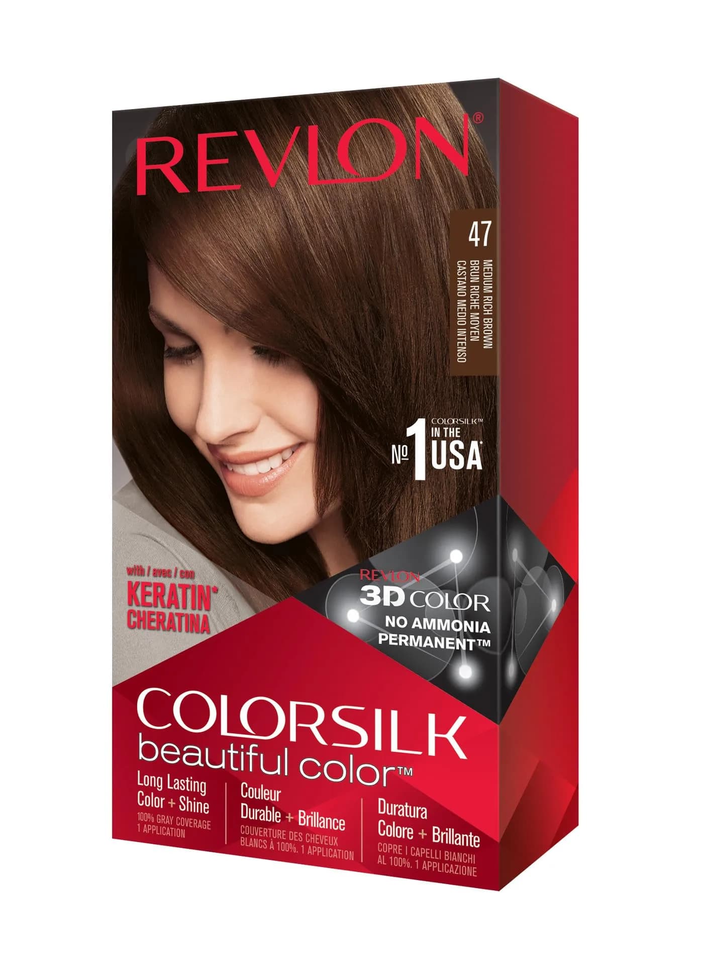 Revlon Colorsilk Permanent Hair Color 47 Medium Rich Brown | Ammonia-Free, Keratin & Silk Amino Acids, 125ml (4.4 Oz) — 47 Medium Rich Brown