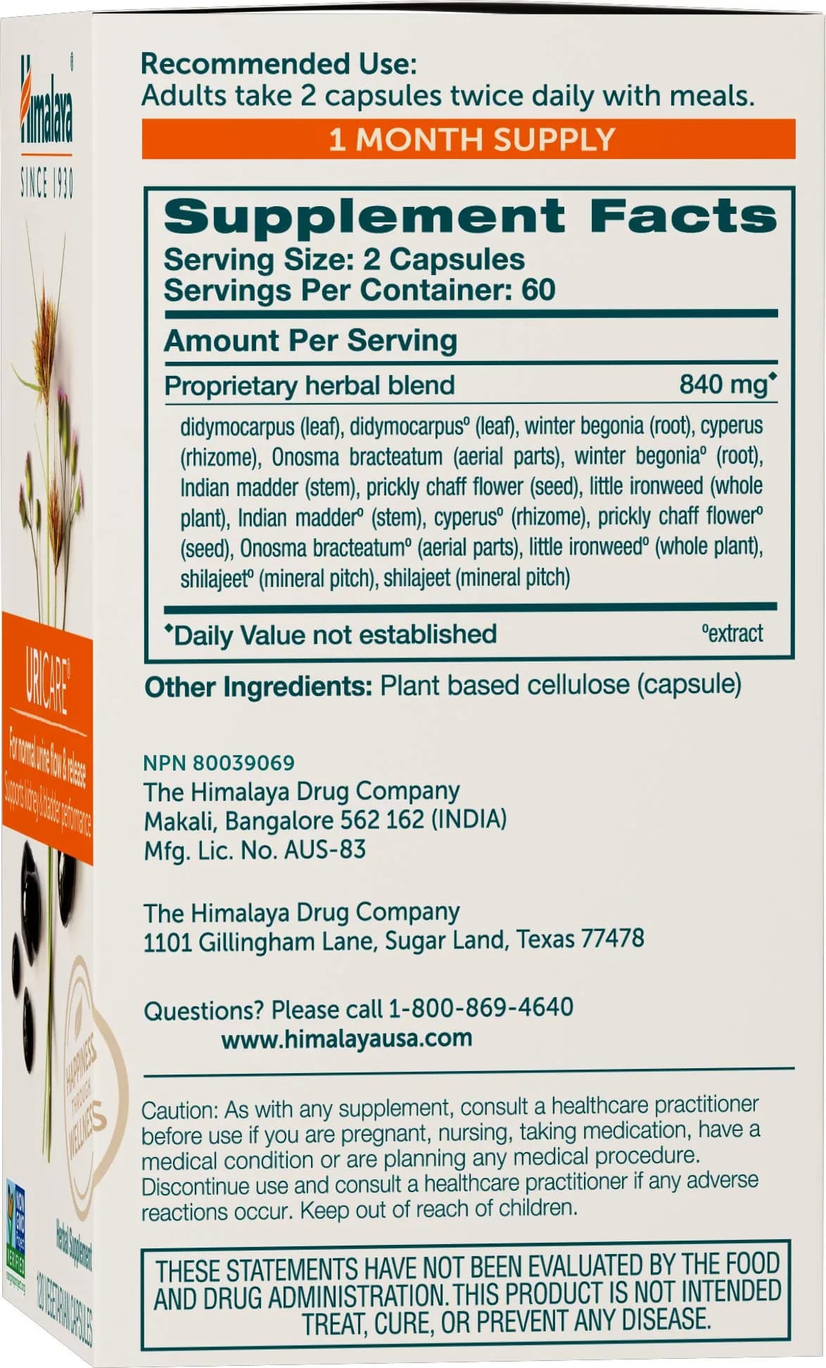 Himalaya UriCare Herbal Supplement 120 Capsules (4.23 oz) | Kidney & Bladder Support - view 2