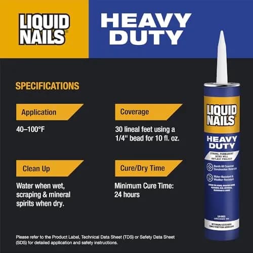 Liquid Nails Heavy Duty Construction Adhesive 10 oz | Impact-Resistant, Waterproof Bond for Heavy Materials thumbnail 4