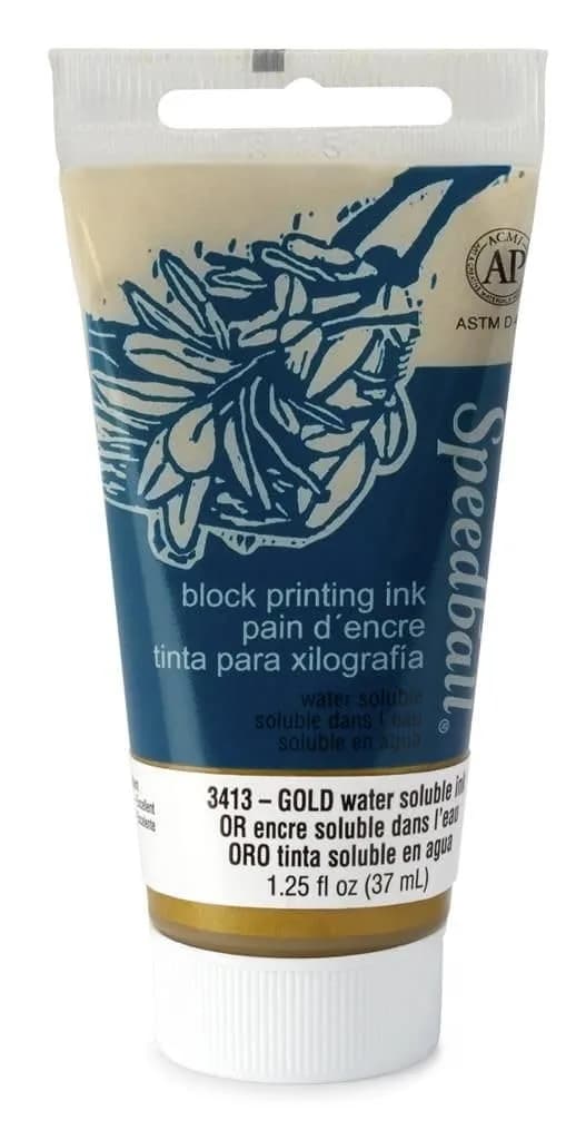 Speedball Water Soluble Block Printing Ink, Gold, 37ml (1.3 fl oz) | Vibrant Metallic Finish - main product image