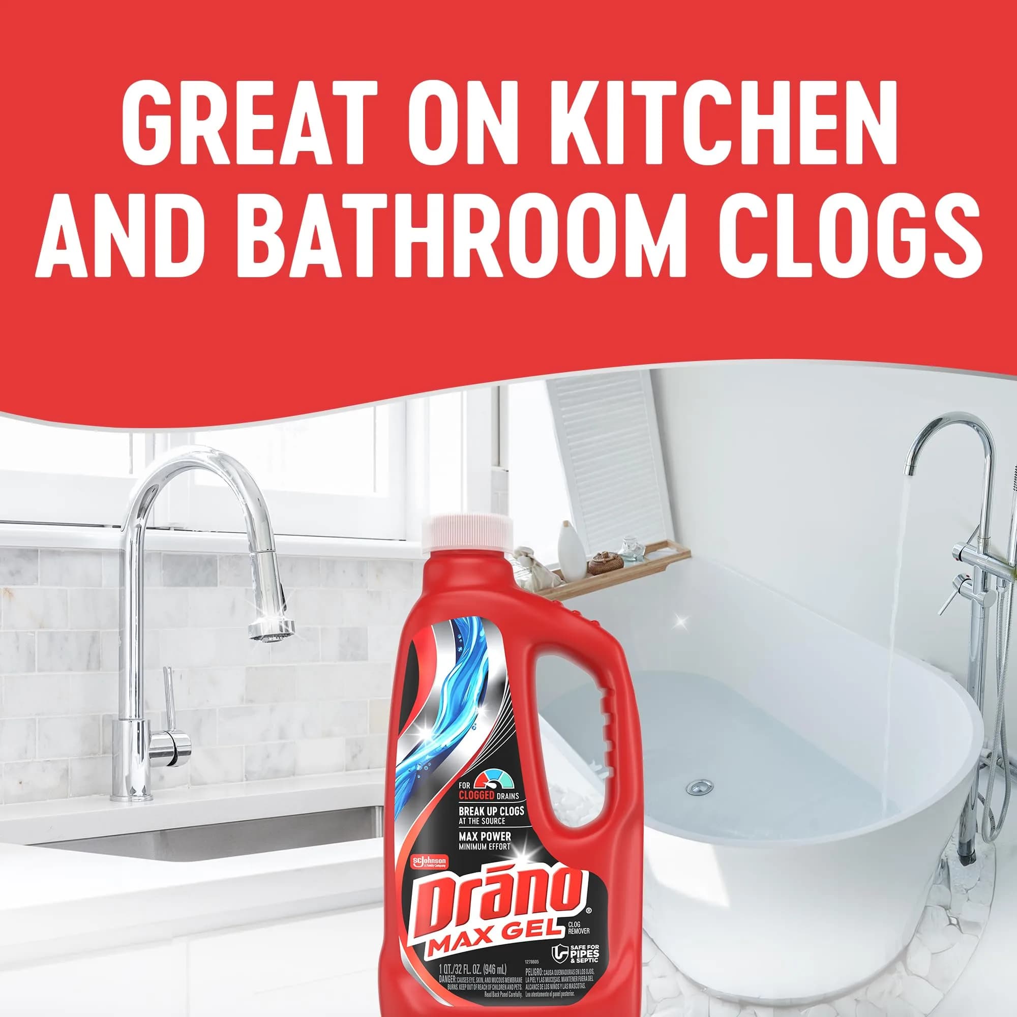 Drano Max Gel Drain Clog Remover 946ml (32 Fl Oz) | Fast-Acting Clog Remover for Pipes - view 7