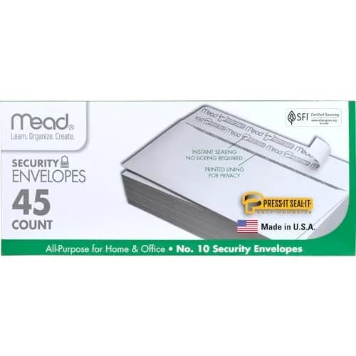 Mead #10 Security Business Envelopes 4-1/8" x 9-1/2" (45 Count) | Peel & Seal Privacy Lined thumbnail 1