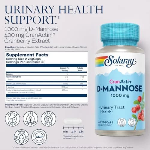 SOLARAY D-Mannose with CranActin Cranberry Supplement 60 Count | Urinary Tract Support & Wellness thumbnail 2