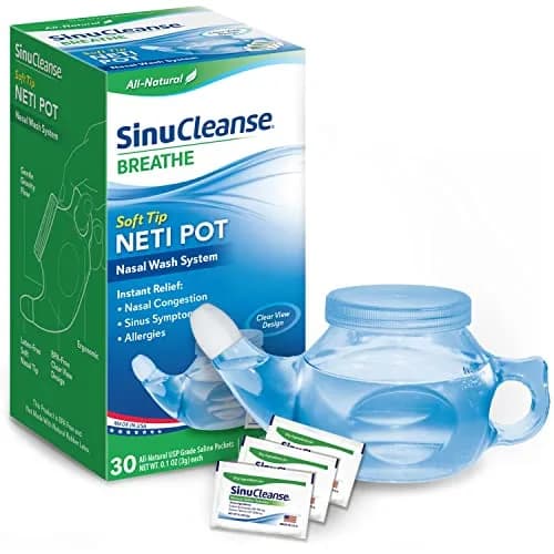 SinuCleanse Soft Tip Neti Pot Sinus Rinse System with 30 Saline Packets | All-Natural Nasal Wash for Cold, Flu, Allergy Relief thumbnail 1