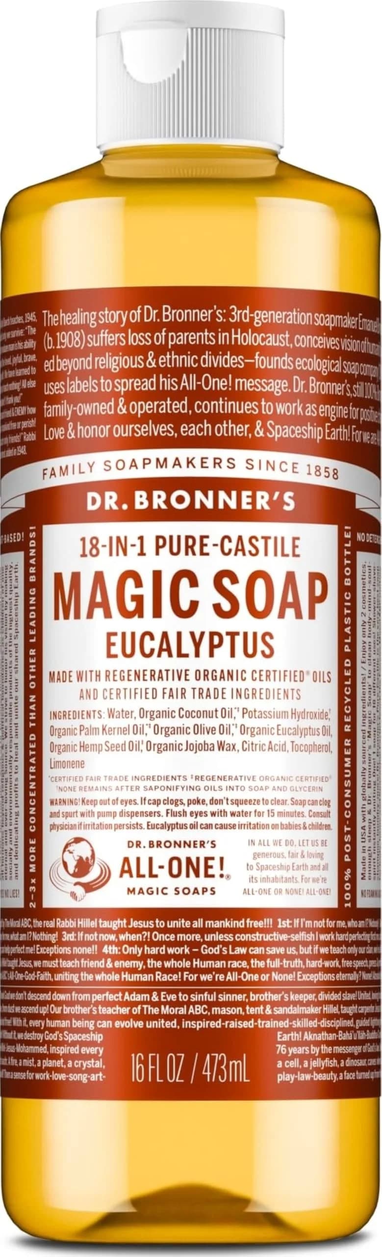 Dr. Bronner's Eucalyptus Pure-Castile Liquid Soap 473ml (16 Fl Oz) | 18-in-1 Uses for Body, Face, Home - main product image