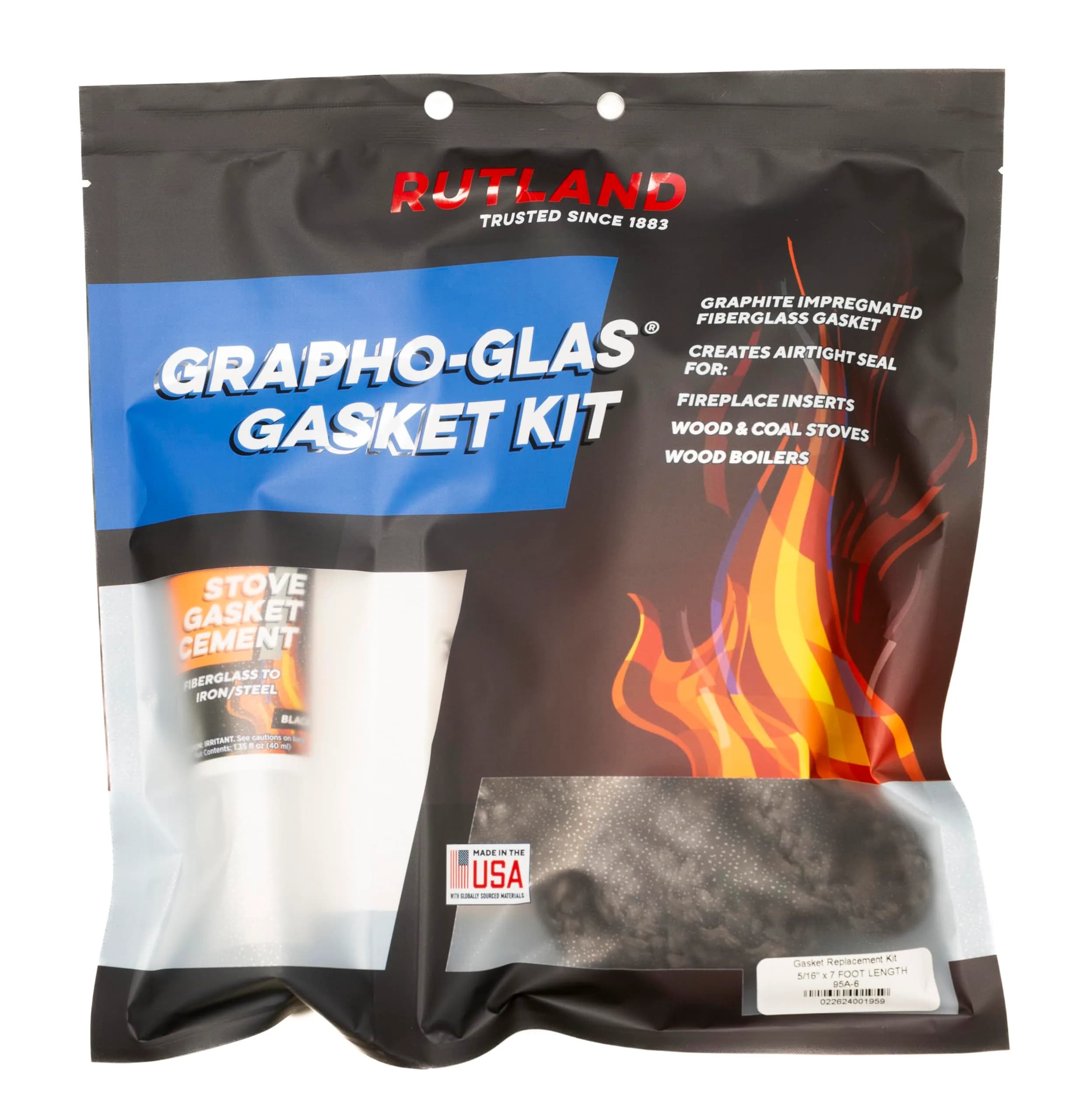 Rutland 96N-6 Grapho-Glas Rope Gasket Replacement Kit, 1/2-Inch by 7-Feet | Long-lasting stove gasket — Black